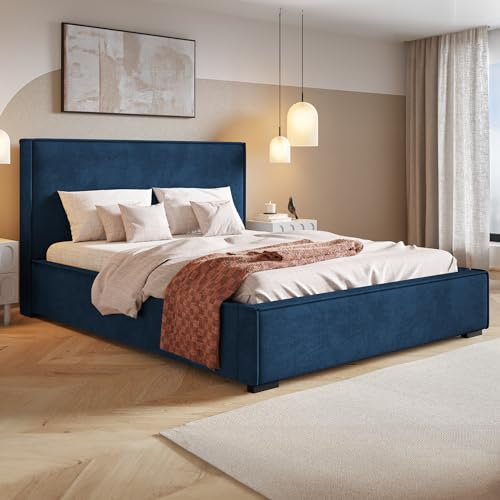 MOTIVENA Arizona Polsterbett 160x200 Blau, Polsterbett 160x200 Samt, Polsterbett 160x200 mit Bettkasten, Polsterbett 160x200 mit Stauraum, mit Lattenrost, mit Kopfteil, ohne Matratze, Dunkelblau