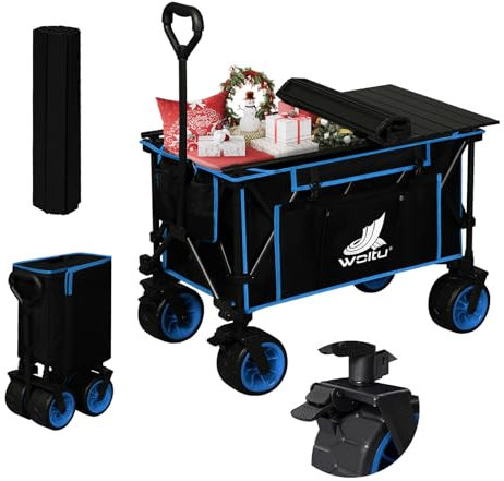 WOLTU Bollerwagen faltbar, Handwagen mit aufrollbarer Tischplatte, Strandwagen mit Bremsen, Transportwagen für alle Gelände, Gartenwagen Campingwagen 120 kg belastbar, Schwarz+Blau