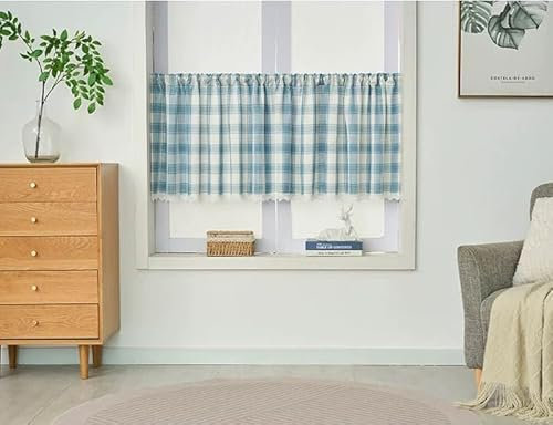Devola Scheibengardinen Kariert Landhausstil Bistrogardine Karo Küchengardinen mit Spitze Kurzstore mit Stangendurchzug Kurzgardine Blickdicht Gardine Privatsphäre HxB 90x120cm Blau 1 Stück