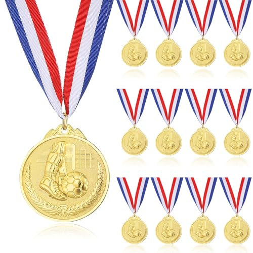 Xapypy Fußball-Medaillen, 12 Stück Gold Metall Set Trophäe, Medaillen für Kinder, 1. Platz Medaillen, mit Bändern für Kinder Sport Fußball-Spiele, Trophäe, 2 Zoll.