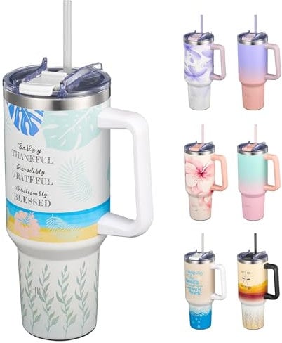 THILY Stainless Steel Insulated Travel Mug 40 oz Water Tumbler with Handle, Coffee Mug with Lid and Straws, Cupholder Friendly, Dishwasher Safe, for Outdoor, Camping, Hiking, Garden