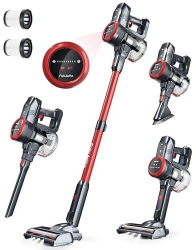 FABULETTA Cordless Vacuum Cleaner with Brushless Motor, 6 in 1 Lightweight Stick Vacuum with LED Display, Max 50 Min Runtime Detachable Battery for Home Pet Hair Carpet and Hard Floor (Red)