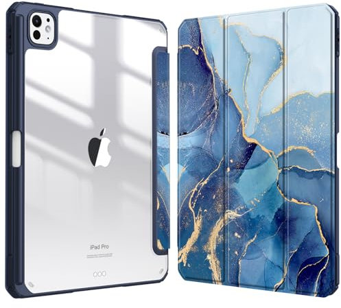 Fintie Hybrid Hülle für iPad Pro 11 Zoll M4 (2024) (Modellnummer: A2836/A2837/A3006) mit Stifthalter - Stoßfeste Schutzhülle Case mit transparenter Hartschale auf der Rückseite, Ozean Marmor
