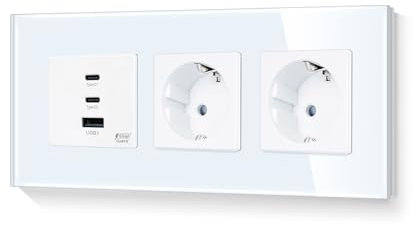 LIAONFOY Schuko Doppelt Steckdose mit Super Fast Charging Drei Ports Wandsteckdose Typ c und USB Kombination Ladeanschlüsse Glasrahmen Weiß 228mm 100-240V (Neutrale Linie erforderlich)