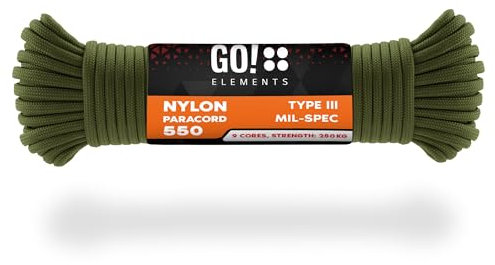 GO!elements 15m Paracord Seil aus reißfester Nylonschnur - 4mm Paracord 550 Typ III Schnur - geeignet als Allzweckseil & Reepschnur - Max. 250kg, Farbe: Oliv