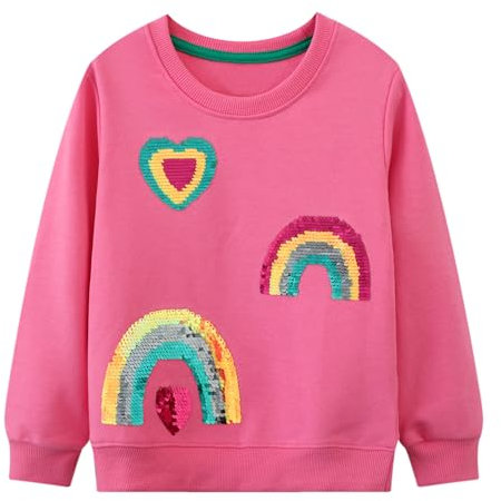 Dioshark Sweatshirt Mädchen Rose Rot Langarm Baumwolle Pullover Regenbogen Herz Glitzer Pailletten Langarmshirt Weich Frühling Herbst Warm Pulli Casual Schule Kleidung für Kinder Alter 4-5 Jahre
