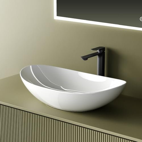 EMKE Lavabo para montar 615 x 360 x 155 mm, Lavabo ovalado de cerámica para baño, instalación sobre encimera, blanco brillante, lavabo para baño y WC de invitados