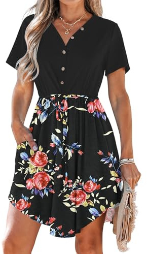 AUSELILY Summer Dresses for Women UK Casual V Neck Short Sleeve Drawstring Midi Dresses with Pockets Black Rose Black S