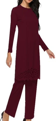 Watreketal Muslimisches Kleid für Damen, 2-teiliges Outfit, ausgehöhlt, geteilt, langärmelig, Oberteil, Hose, Set, einfarbig, Kleid für den Nahen Osten, Hijab, Robe, Kaftananzüge, weinrot, 4XL