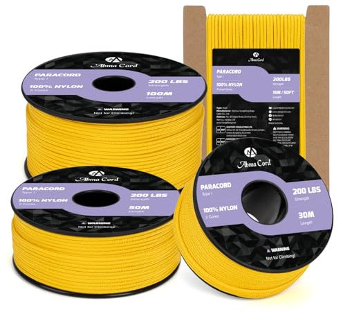 Abma Cord 2mm Paracord 30m Nylon Rope 3 Strands Type I Cord for DIY, Camping, Outdoor - Max. 90kg (200lbs) - Golden Yellow