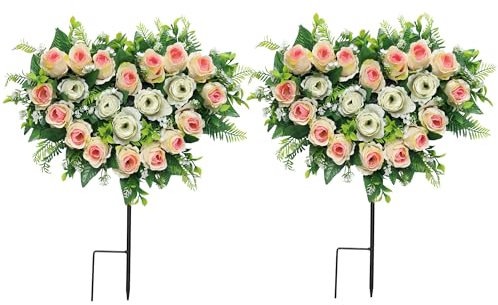 Lodou Künstliche Friedhofsblumen, Grab-Gedenkblumen mit Erdspieß, herzförmige Kränze, Rose für künstliche Rose, Dekoration für Friedhof, Grabsteine, Grabstätten, Beige, 2 Sets