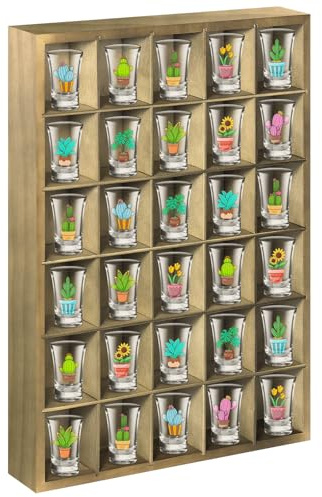 2 Pcs Shot Glass Display Case, Vintage Green Wooden Shot Glass Shelf with Removable Shelves, Wall Mounted Shadow Box Thimble Display Case, 30 Slots