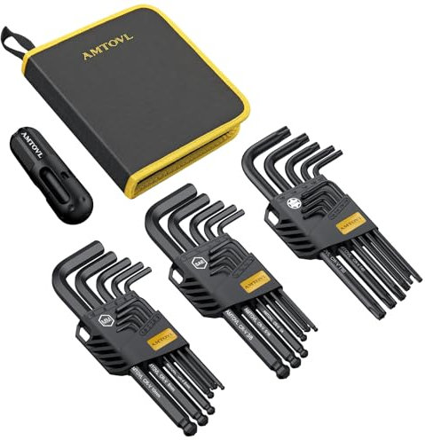 AMTOVL Hex Keys Set, 27PCS Allen Key Set & Star Key Set, Metric Imperial Extra Long Ball End Hex Key Set with Color Coding with T-Handle for Bicycle Repair Household DIY