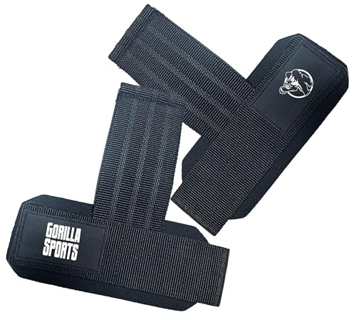 GORILLA SPORTS® Zughilfen Krafttraining, Paar, weich, rutschfest, Schwarz | Weich und verstellbar, mit verstärktem Schlaufen-Design; Lifting Straps, Handgelenk Bandagen, Bodybuilding Zubehör für Gym