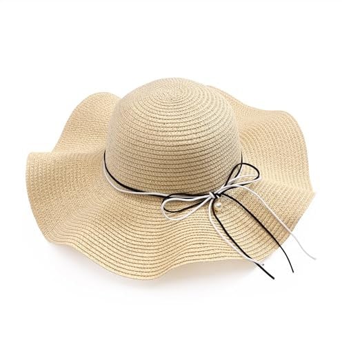 JJDreams Damen Boho Strohhut Faltbarer Sonnenhut Strandhut Sommerhut mit Breite Krempe Schleife für Reise Urlaub und Strand,Beige