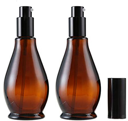 2 PCS 100ml/3.4oz Amber Glass Travel Bottles Leakproof Pump Bottles Lotion Soap Dispenser Jar Cosmetics Containers with Black Pump for Essential Oil Blends Foundation Shampoo
