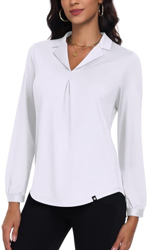 Soneven Weiß Bluse Damen Elegant Langarm Oberteil, V-Ausschnitt Hemdbluse Damen Blusenshirt Plissee Golf Poloshirt Business Blusen Casual Tunika Shirt Festliches Outfit L