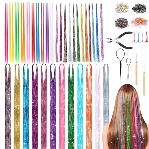 44 Pièces Kit de Paillettes pour Cheveux, 53 et 120cm Kits d'Extensions | Cheveux Scintillantes avec Outils, 34 Couleurs Cheveux Pailletés Résistants à la Chaleur pour Femmes, Filles et Enfants