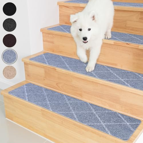 Homwiz Treppenstufen Matten, 65x20cm, Antirutsch Stufenmatten, Grau | 15 Stück, Ohne Kleben, Rutschfest ,Waschbar Treppen Teppich, Wiederverwendbar Treppenteppich Innen für Haustiere Senioren