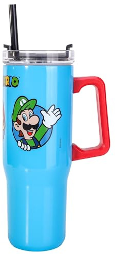 Super Mario 940mL Double Walled Vacuum Tumbler with straw & Handle | Reusable Insulated Travel Mug for Cold & Hot Drinks, Stainless Steel Kids Tumbler Cup | Cold for 17Hrs and Hot for 8Hrs