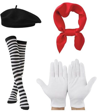 fshxj Pantomime Kostüm,4 Teile Set (Baskenmütze,Rote Tücher,Gestreifte Strümpfe,Weiße Handschuhe),für Erwachsene Kinder Karneval Party BüHnenauftritt Cosplay Kostüm Set