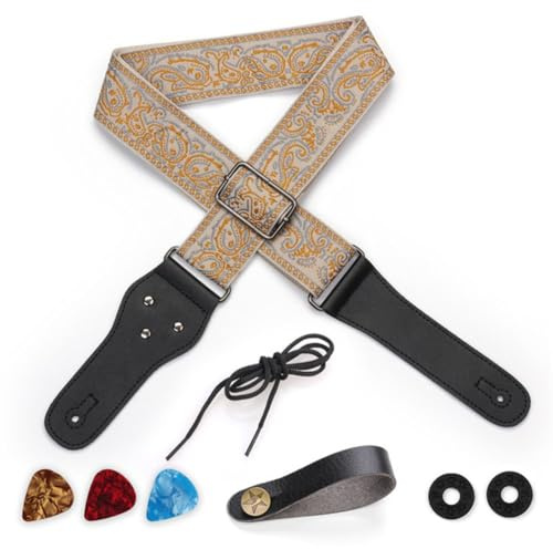 Gettimore Verstellbarer Gitarrengurt aus Nylon mit Enden aus PU-Leder für Akustik-E-Gitarre und Bass, inklusive 3 Plektren, Schlössern, Filzscheiben, Umhängeband, Krawattenschnur, Rot Blau Grün Braun