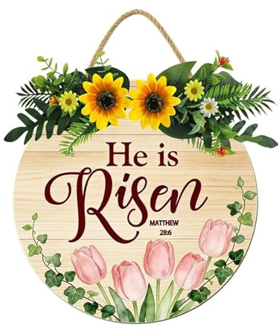 Horienteeon He Is Risen Haustür Dekor Frühling Ostern Jesus Christliche Bibelversen Holzkranz Frühling Garten Veranda Wandbehang Dekoration Zuhause Haustür Hof Party Dekor rund 30,5 cm