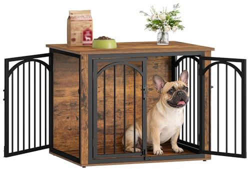 Fobyfurny Hundekäfig Möbel, 80 x 60 x 63 cm, Vintagebraun und Schwarz | Hundebox für Zuhause, 4 Türen, Moderne Hundebox Holz, Beistelltisch, für Kleine und Mittelgroße Hunde, Innenräume FPDC001FD1