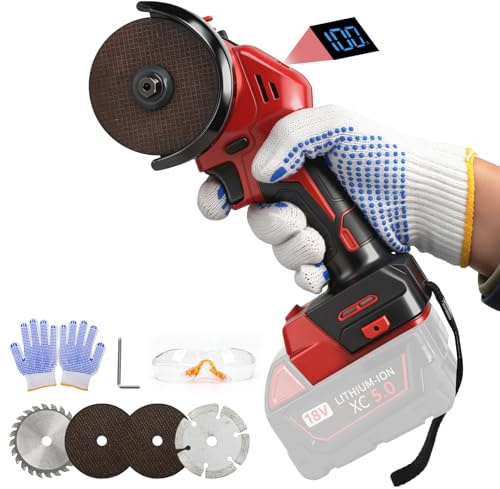 3 Inch Cordless Angle Grinder for Milwaukee 18V Battery (No Battery) | 16800RPM Brushless Mini Angle Grinder, with Digital Display, 2 Grinding Disc, 2 Cutting Discs, Gloves