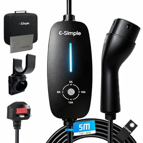E-S1mple EV Charger 5M with 3 Pin UK Plug for Electric and Hybrid Vehicles | 6-13A Adjustable, Plug & Play, IP65. with Rain Cover can use in rain day, Type 2 Charging Cable 3 pin plug, Holder, Bag