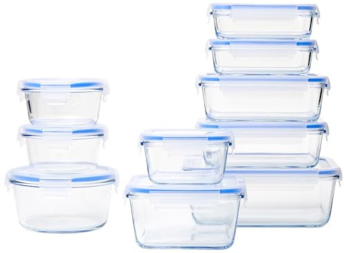 Amazon Basics Couvercles Verrouillables en Verre Étanches, Récipients de Conservation des Aliments, Ensemble de 20 Pièces, 10 Bases et 10 Couvercles en Plastique, Transparent, Bleu, Sans BPA