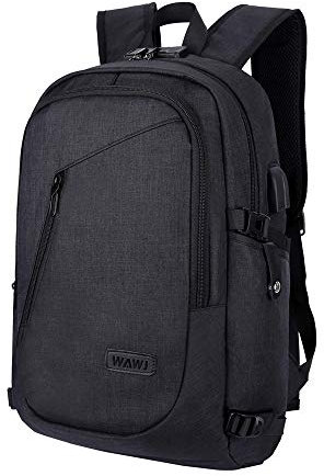 Mochila antirrobo Impermeable, WAWJ Mochila para portátil Multiusos Daypacks con Puerto de Carga USB (Negro)