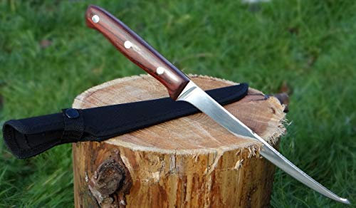 Maximtac Filetiermesser/Fischmesser Angelmesser 190mm Klinge + Nylonholster, Holzgriff, Full Tang Klinge aus Edelstahl