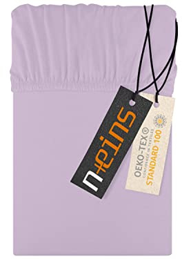 Npluseins Drap Housse 200x220 en Jersey 100% Coton - Linge de lit Doux, Respirant et résistant - certifié Oeko-TEX - Disponible en 22 Couleurs et 6 Tailles, Lilas