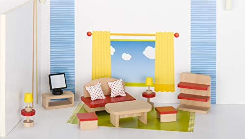 Puppenmöbel Wohnzimmer aus Holz goki Basic Puppenhaus Puppenstube mit Palandi® Sticker