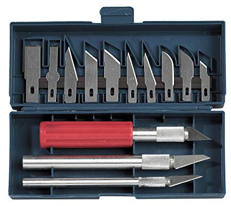 SELVA Messer-Set Geeignet für Hobby, Handwerk, Modellbau, Kunst und Schnitzerei – Anwendung: Holz – Qualitätsvolle Verarbeitung – Klingenhalter aus Aluminium – 16-teilig – C342676