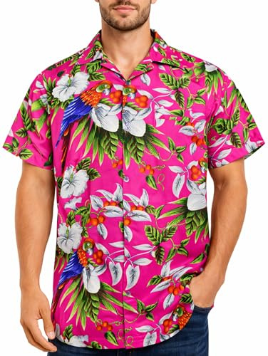 King Kameha Chemise Hawaïenne Homme Manche Courte - Chemise Aloha d’Été avec Motif Perroquet et Cerise, Légère et Facile d’Entretien