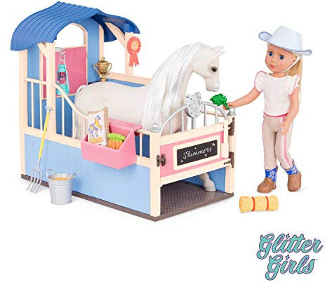Glitter Girls - GG Pferdestall - Spielset Pferdestall - 15-teiliges Pflegeset für Pferde - Laterne, Pferdeleckereien, Eimer & mehr - 36 cm Puppe & Pferdezubehör - 3 Jahre +