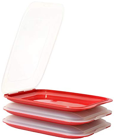 ENGELLAND - Hochwertige stapelbare Aufschnitt-Boxen, Frischhaltedose für Aufschnitt. Wurst Behälter. Perfekte Ordnung im Kühlschrank, 3 Stück Farbe Rot, Maße 25 x 17 x 3.3 cm