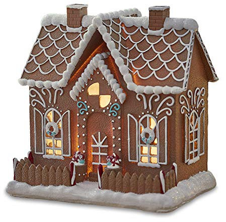 Loberon Dekohaus Listras, im Lebkuchenhaus-Look, mit LEDs beleuchtet, weihnachtliche Nostalgie, Weihnachtsbeleuchtung, Weihnachtsdekoration, Weihnachten, Polyresin, braun/grau
