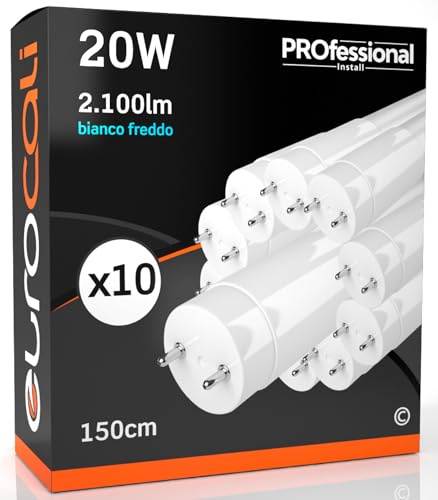 Eurocali 10x Tubi LED 150cm G13 T8 20W 2100 lumen Luce Bianco Freddo 6500K - Fascio Luminoso 160° - Sostituzione Neon
