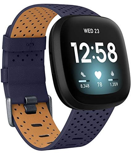 Bracelet de rechange en cuir véritable compatible avec Fitbit Versa 3 / Fitbit Sense - Pour femme et homme - Taille L - Bleu marine