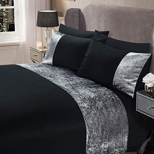 Sienna Superking Duvet Set, Super Soft Warm Cosy Luxurious Silver Grey Crushed Velvet Band Design Superking Bedding Stylish Black Quilt Cover Set with Pillowcases