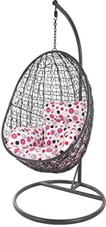 KIDEO Komplettset: Hängesessel mit Gestell & Kissen, Korbsessel, Poly-Rattan (Gestell- und Korbfarbe: dunkelgrau, Kissen: Punktmuster Nest (1039_spotondote))