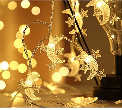 Fielegen 6M 40 LED Mond Lichterkette Batteriebetriebene Mond Stern Lichterkette Ramadan Dekoration Licht für Innen Schlafzimmer Haus Garten Hochzeit Geburtstag Party Festival Dekor, Warmweiß