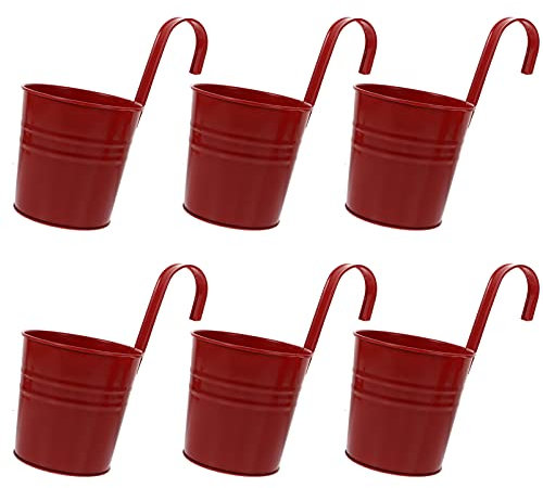 Cabilock 6Pcs Hängender Blumentopf Metall Blumentöpfe Blumeneimer Hängetopf Wand Pflanzer mit Ablaufloch Metall Vase Pflanztöpfe Pflanzgefäße Balkontopf Übertopf für Zuhause Garten Balkon Rot
