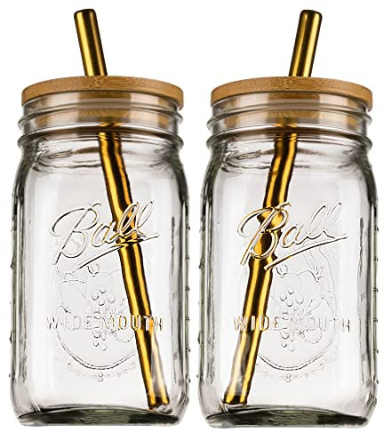 Reusable Boba Bubble Tea & Smoothie Cups - 2 Glass Wide Mouth 32oz Ball Mason Jars with Bamboo Lids - 2 Reusable Gold Stainless Steel Boba Straws Brand Capsule Classic, Transparent