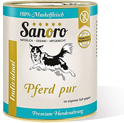 Sanoro Pferd pur, 100% Muskelfleisch vom Pferd, salzfrei - Premium-Hundefutter - singleprotein, hypoallergen - für Ausschlußdiäten geeignet (6 x 800g)