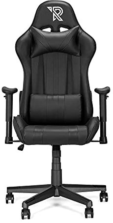 Ranqer Felix Gaming Stuhl - Professioneller Gaming-Sessel - Ergonomischer Gaming Stuhl - 2D-Armlehnen - 180° verstellbare Rückenlehne mit Kissen - Stabiles Nylon Gestell - Schwarz