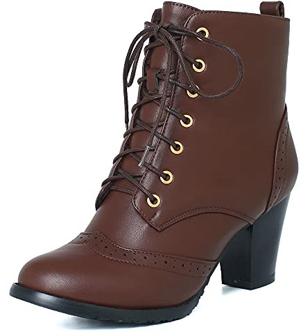 Vrupons Stivali con lacci retrò da donna con tacco a blocco e calda fodera interna, ideali per autunno e inverno, alla moda, da donna, marrone, 39 EU